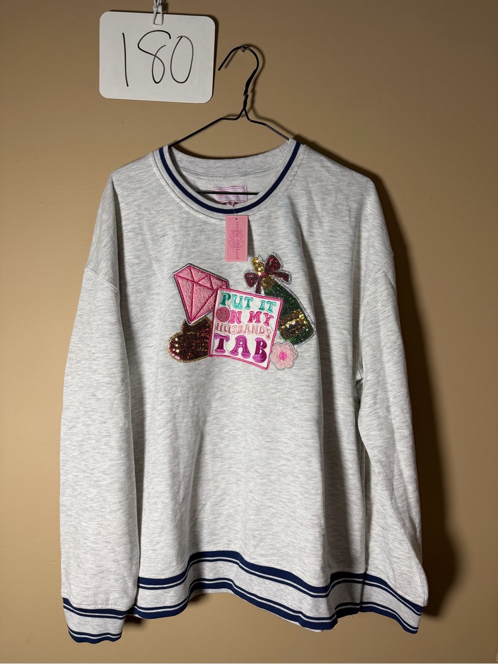 Simply Southern Light Gray Sweatshirt with Pink Sequin Patch Sz xl new with tags